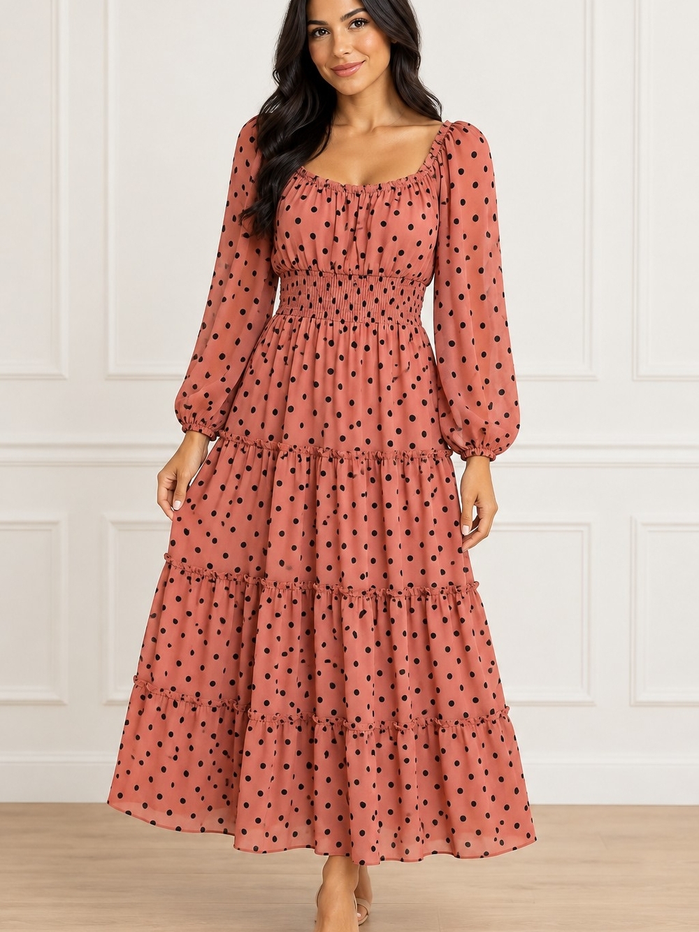 Fashion Nova Terracotta Polka Dot Smocked Tiered Maxi Dress
